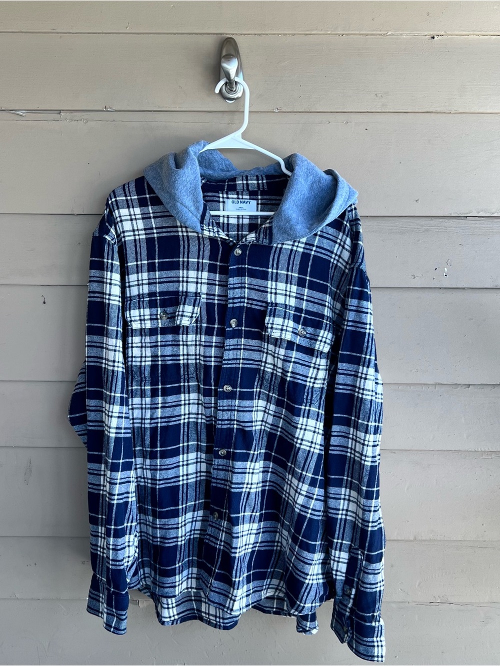 Old Navy Plaid Flannel Hooded Button Down Shirt Mens 3XL Blue White Flannel